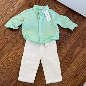 Janie and Jack Light Mint Green Linen Shirt and White Pants